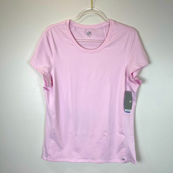 ALO YOGA Mesh Back Workout Short Sleeve Pink Shirt Womens Size XL - Picture 1 of 5